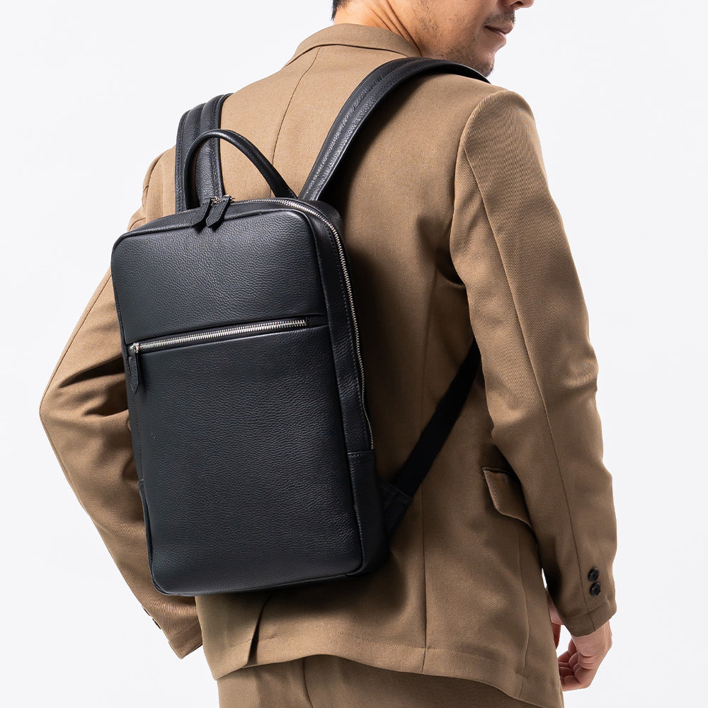 薄マチ ダブルジッパー シュリンクレザー スマート コンパクトビジネスリュック