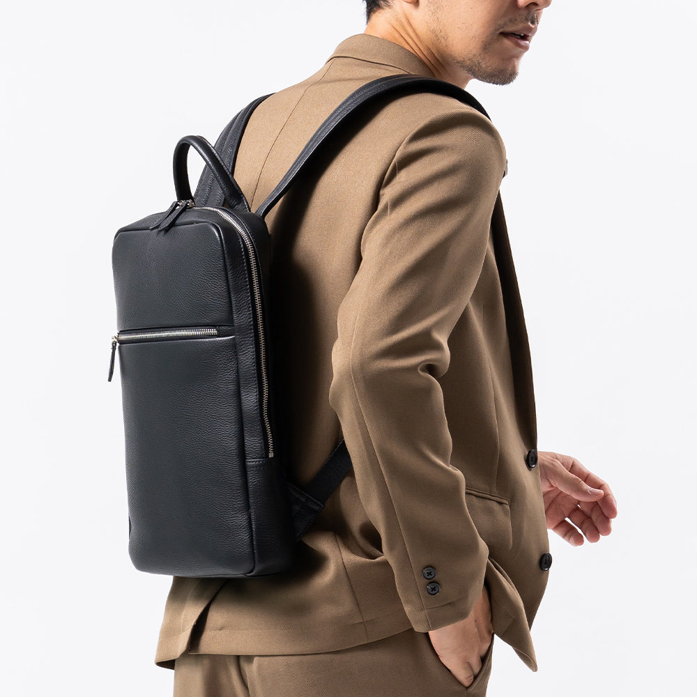 薄マチ ダブルジッパー シュリンクレザー スマート コンパクトビジネスリュック