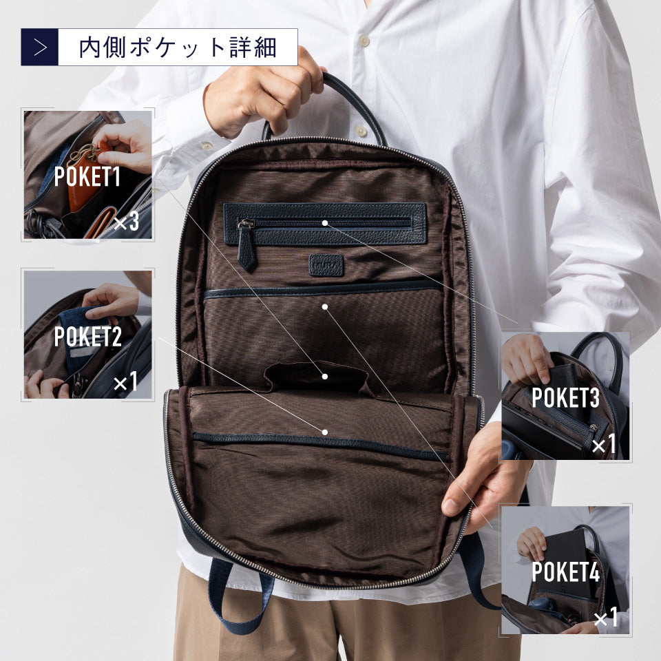 薄マチ ダブルジッパー シュリンクレザー スマート コンパクトビジネスリュック
