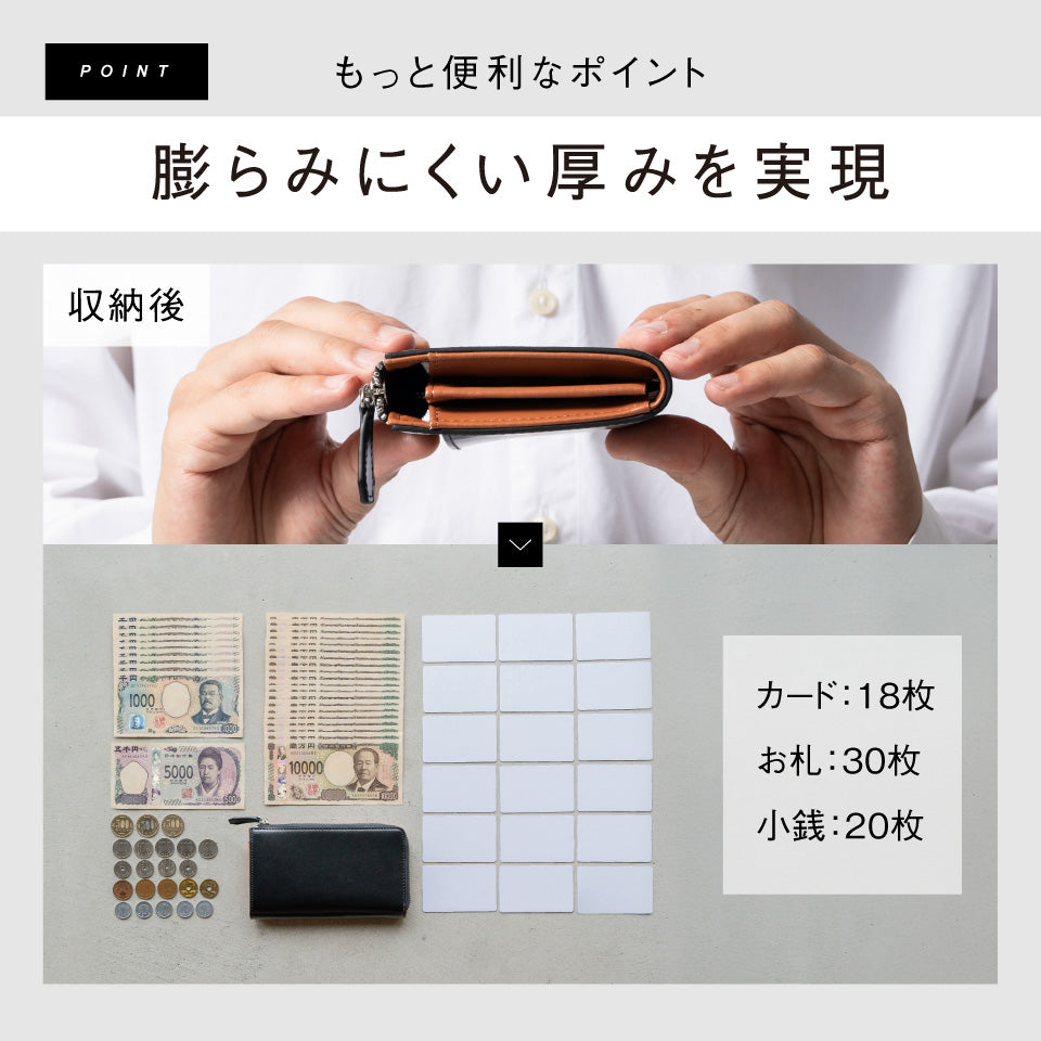 「ゴムが叶える収納革命」RANOVA Lite（ラノーバライト）コードバン調スプリットレザー/カーボンレザー コンパクト長財布