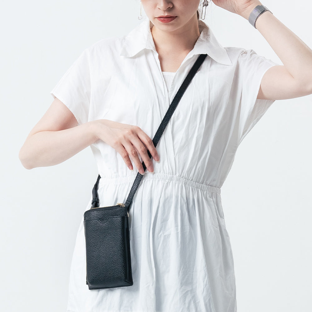 フルグレイン シュリンクレザー L字ファスナー財布付き スマホショルダー