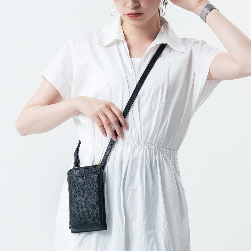 フルグレイン シュリンクレザー L字ファスナー財布付き スマホショルダー