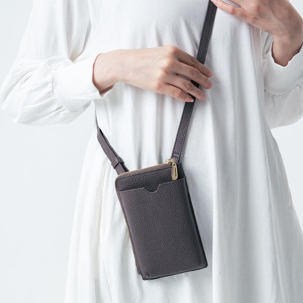 フルグレイン シュリンクレザー L字ファスナー財布付き スマホショルダー