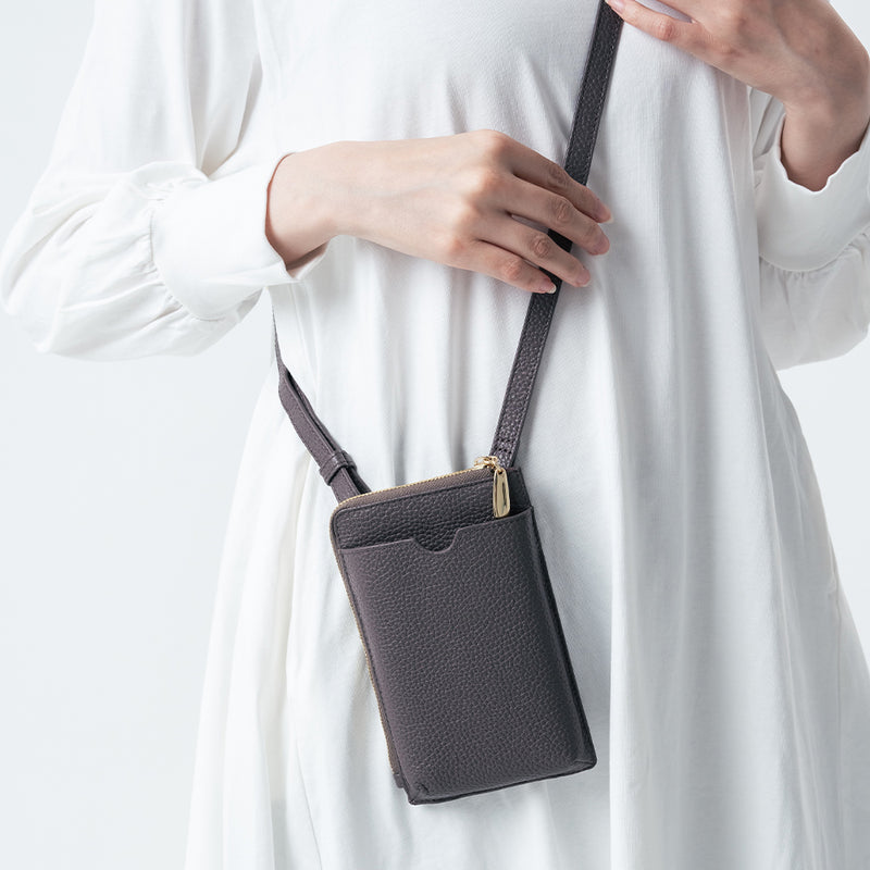 フルグレイン シュリンクレザー L字ファスナー財布付き スマホショルダー