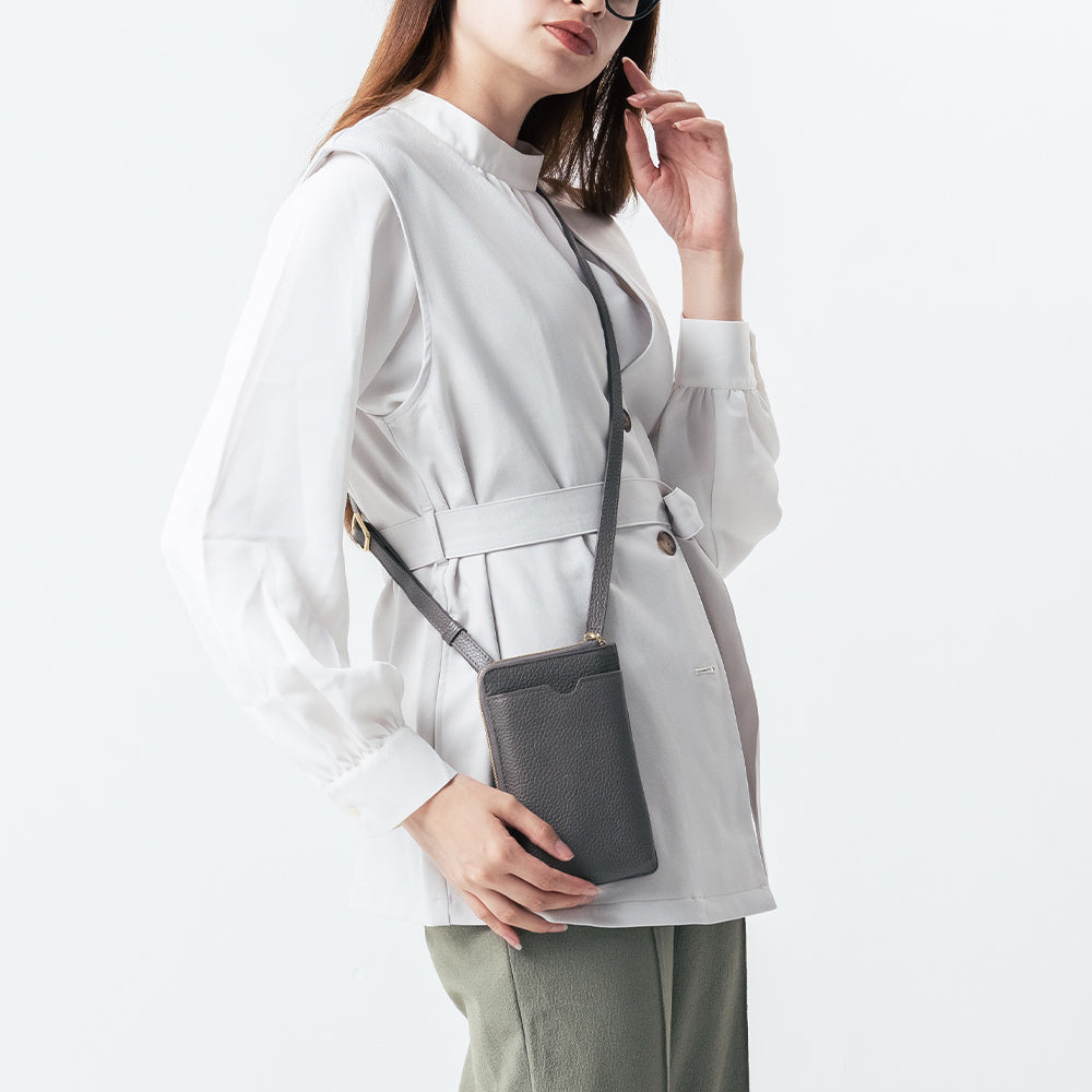 フルグレイン シュリンクレザー L字ファスナー財布付き スマホショルダー