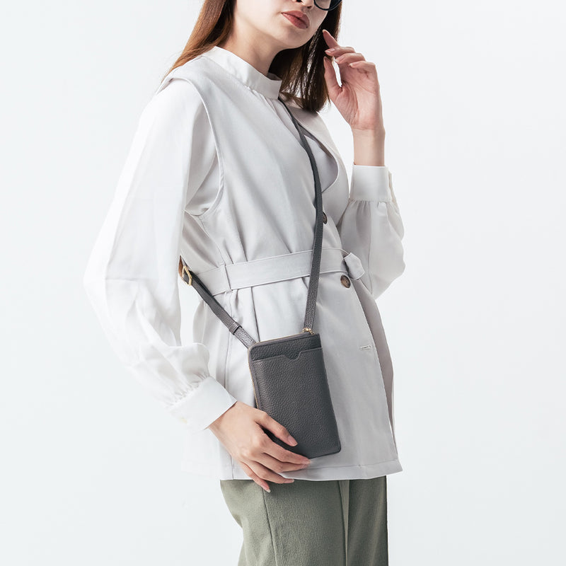 フルグレイン シュリンクレザー L字ファスナー財布付き スマホショルダー