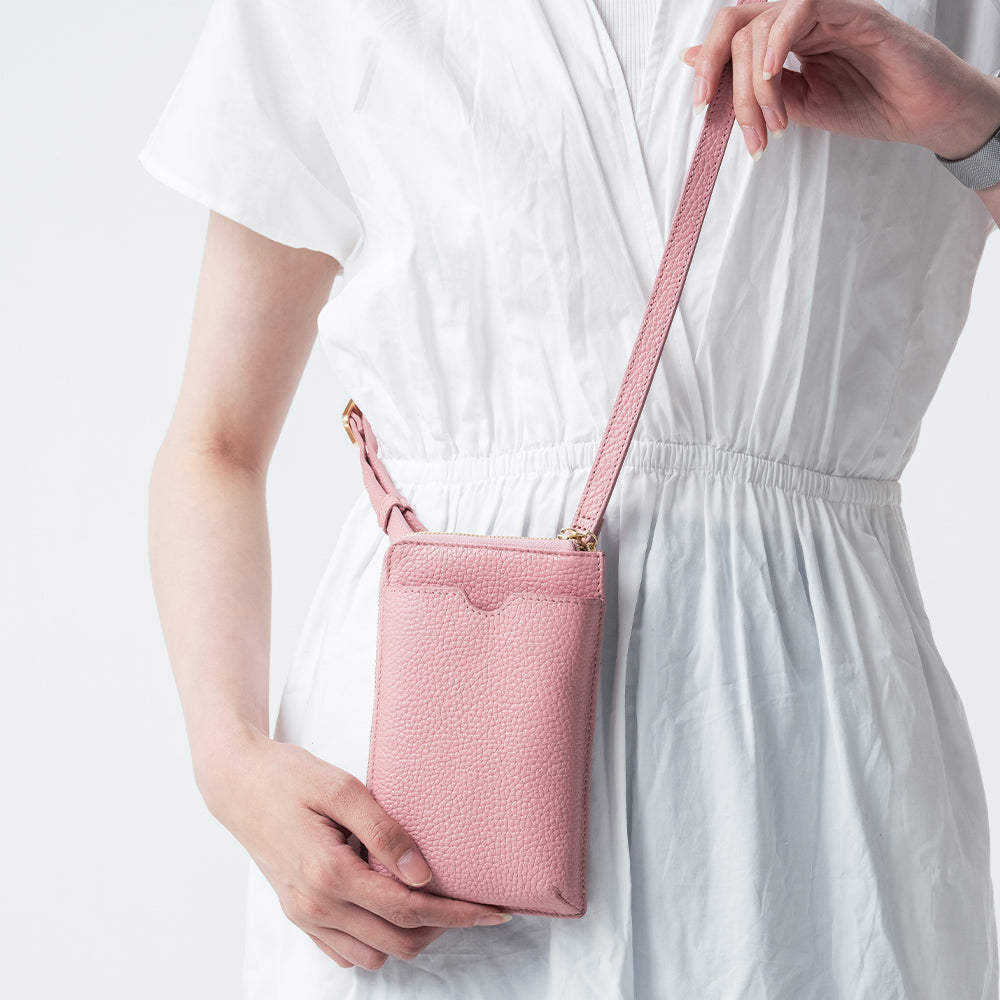 フルグレイン シュリンクレザー L字ファスナー財布付き スマホショルダー