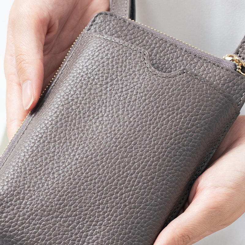 フルグレイン シュリンクレザー L字ファスナー財布付き スマホショルダー