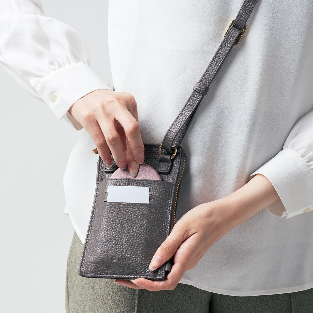 フルグレイン シュリンクレザー L字ファスナー財布付き スマホショルダー