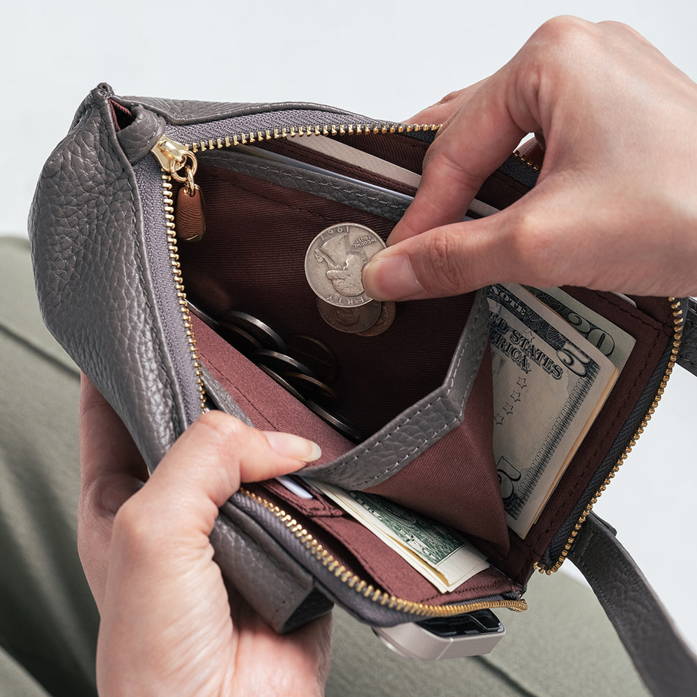 フルグレイン シュリンクレザー L字ファスナー財布付き スマホショルダー