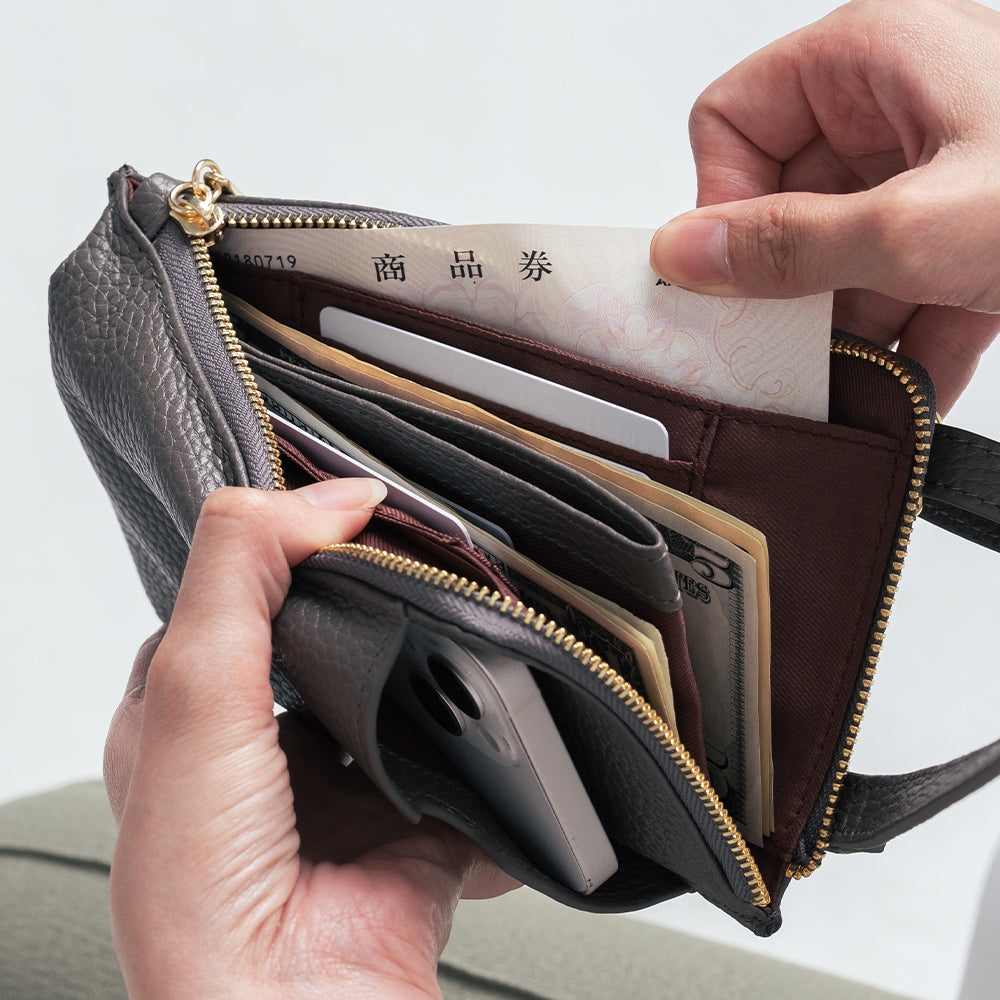 フルグレイン シュリンクレザー L字ファスナー財布付き スマホショルダー