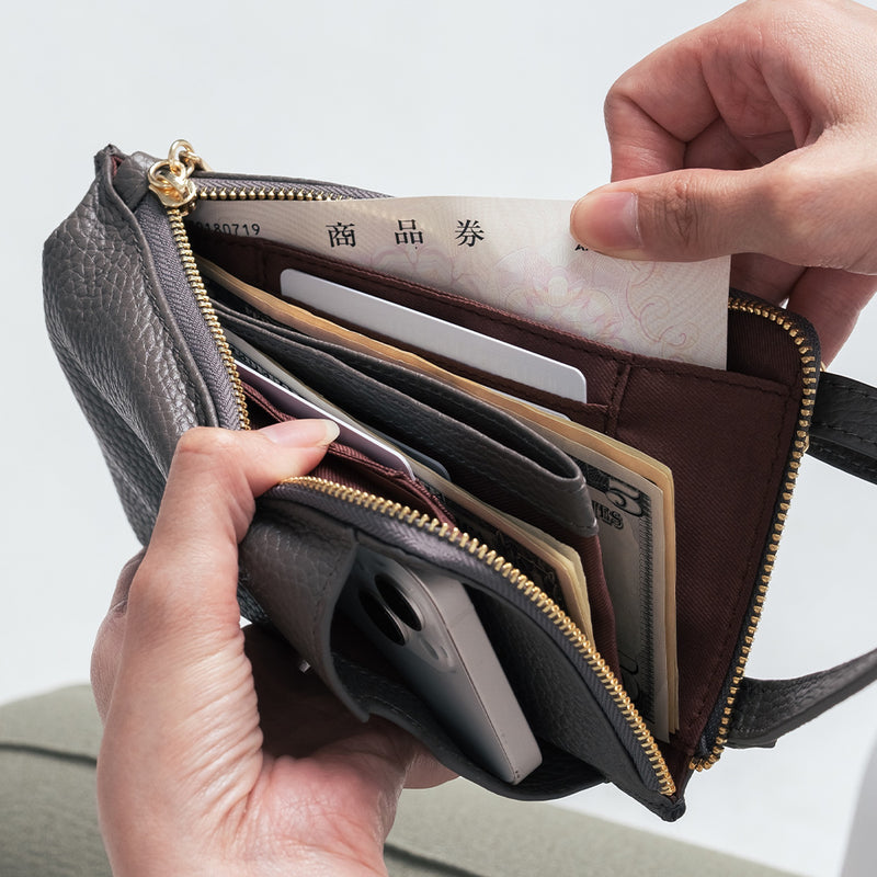 フルグレイン シュリンクレザー L字ファスナー財布付き スマホショルダー