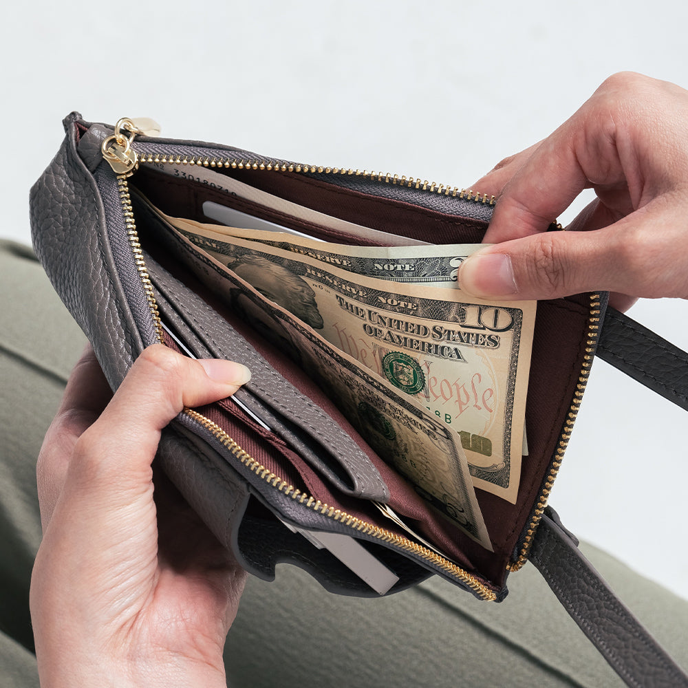 フルグレイン シュリンクレザー L字ファスナー財布付き スマホショルダー