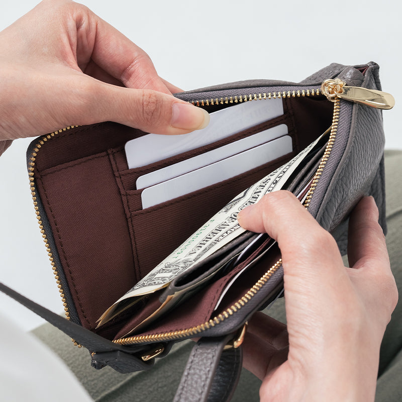 フルグレイン シュリンクレザー L字ファスナー財布付き スマホショルダー