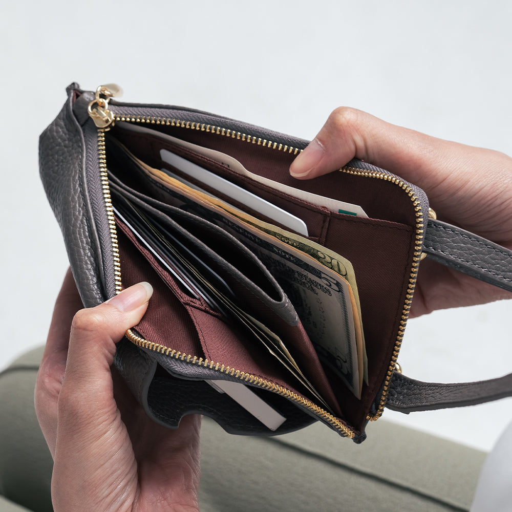 フルグレイン シュリンクレザー L字ファスナー財布付き スマホショルダー