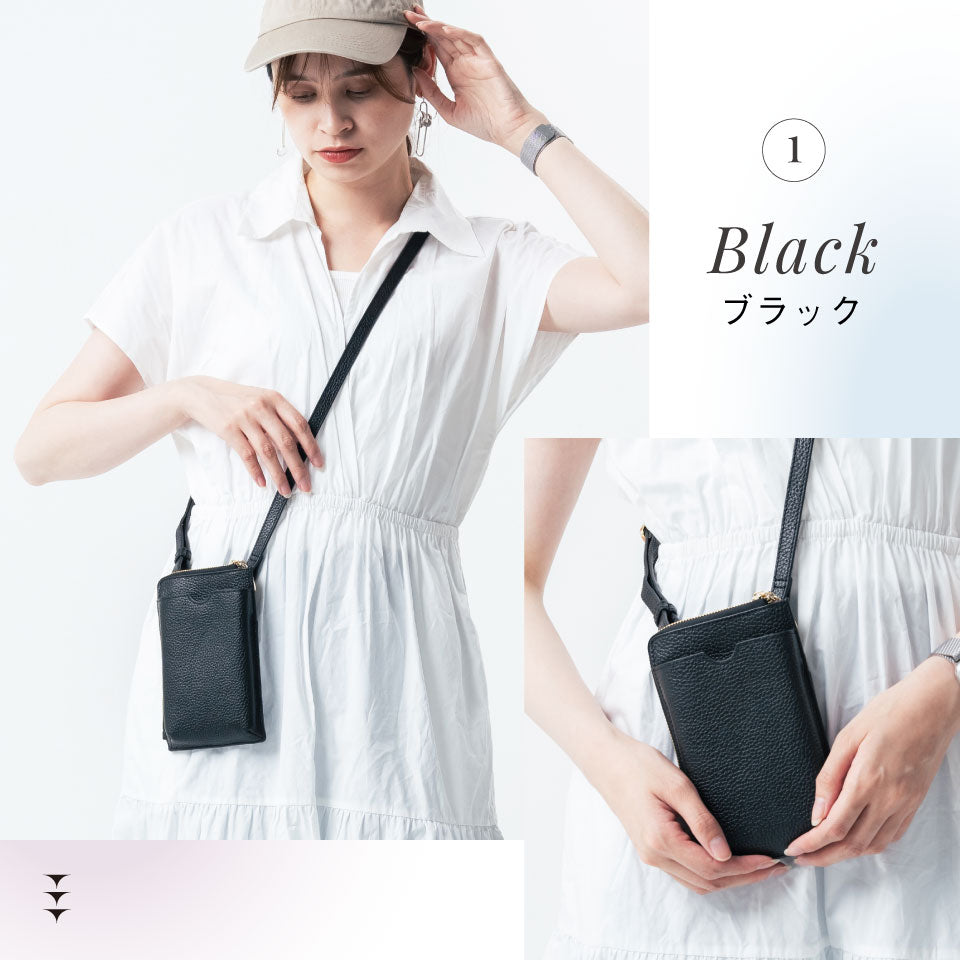 フルグレイン シュリンクレザー L字ファスナー財布付き スマホショルダー