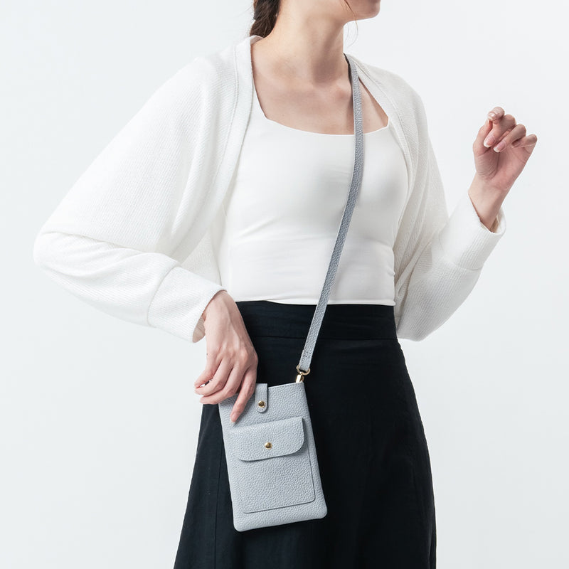 フルグレイン シュリンクレザー スナップボタン スマホショルダーバッグ