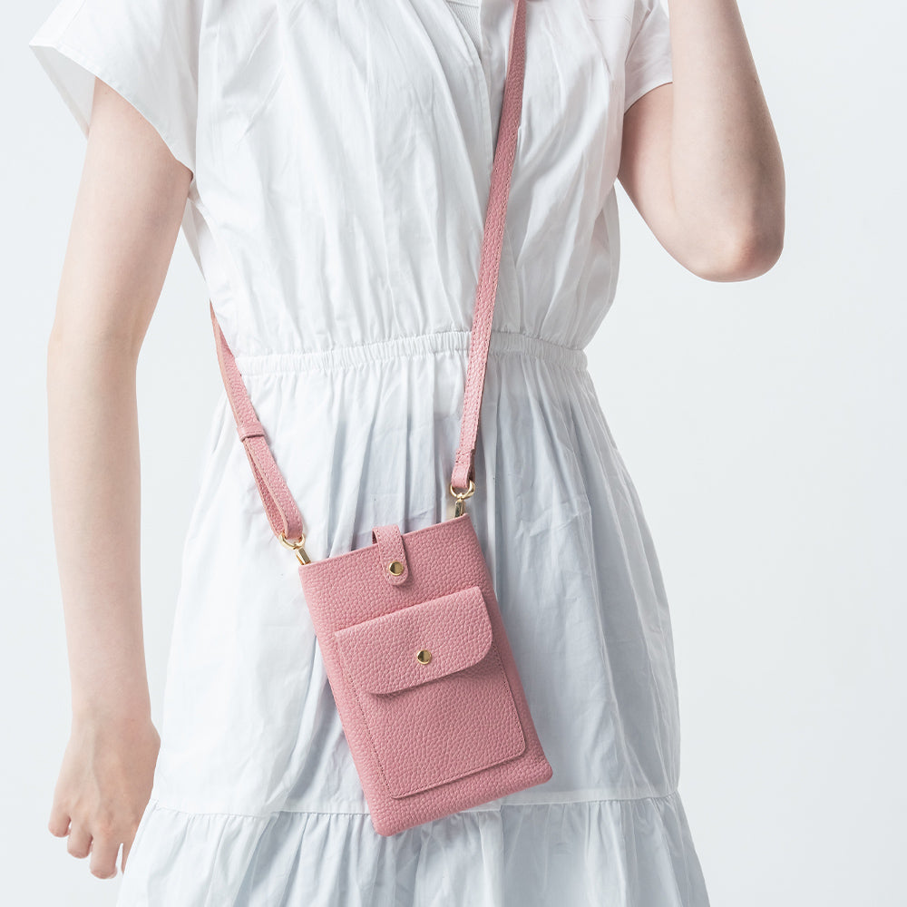 フルグレイン シュリンクレザー スナップボタン スマホショルダーバッグ