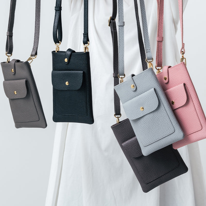 フルグレイン シュリンクレザー スナップボタン スマホショルダーバッグ