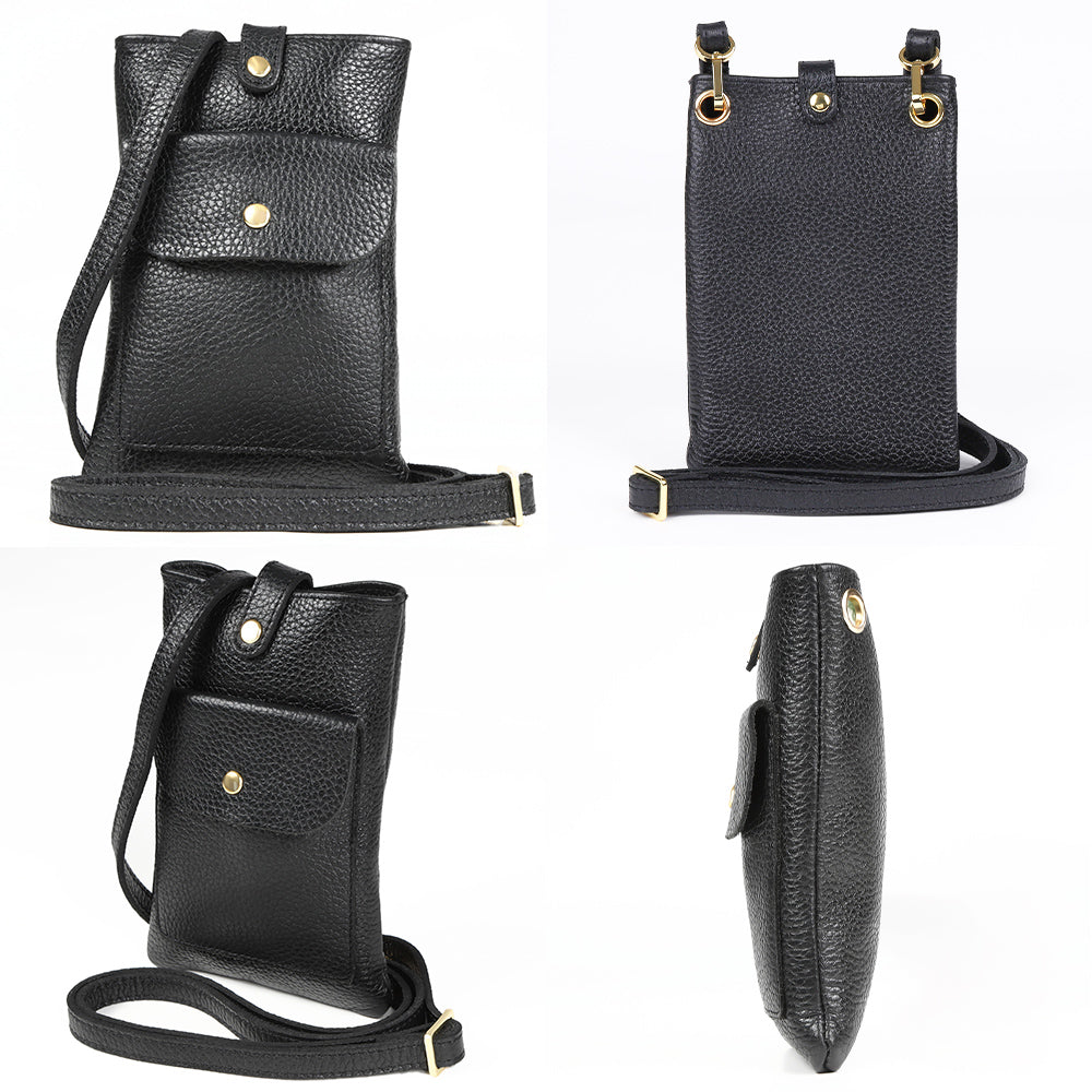 フルグレイン シュリンクレザー スナップボタン スマホショルダーバッグ