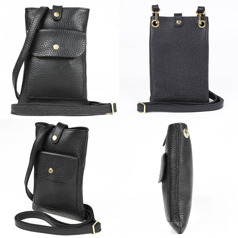 フルグレイン シュリンクレザー スナップボタン スマホショルダーバッグ