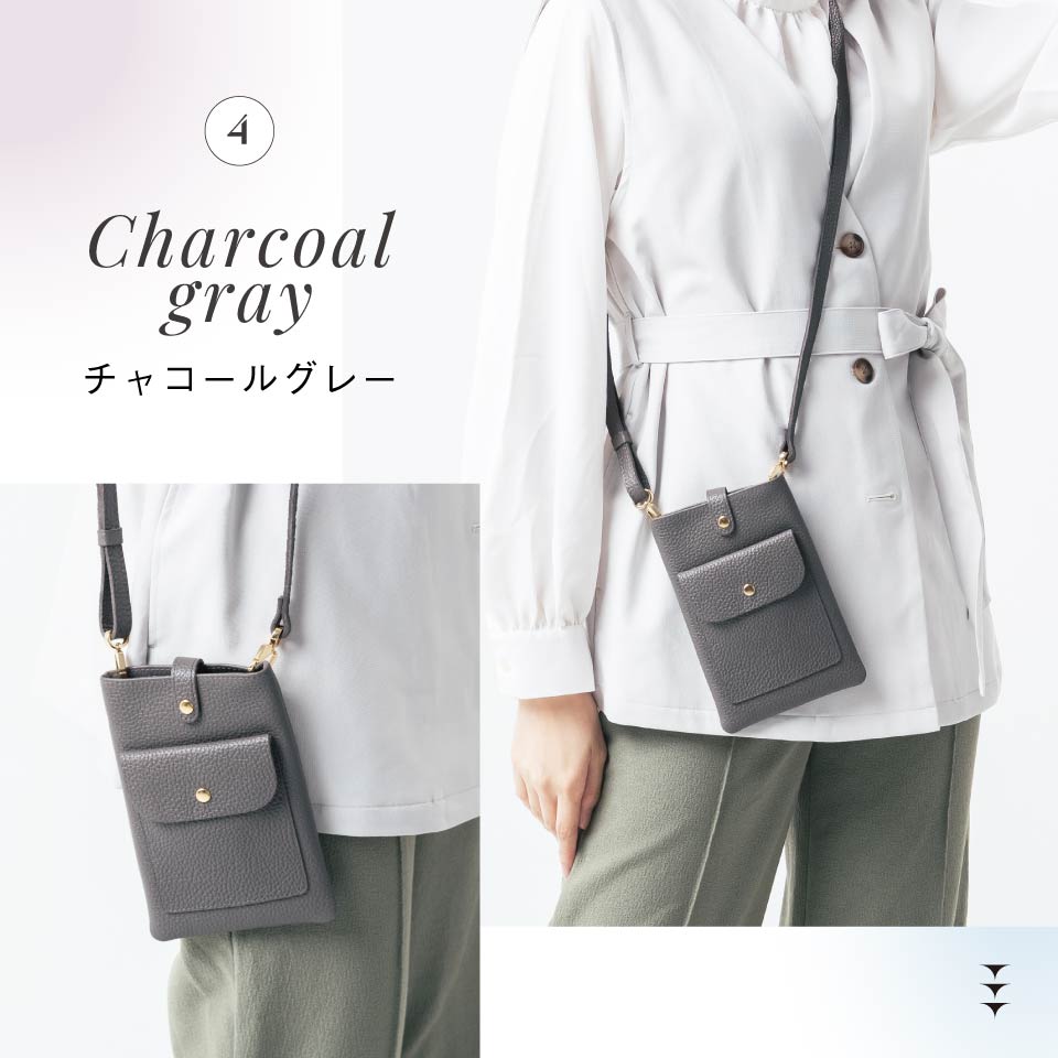 フルグレイン シュリンクレザー スナップボタン スマホショルダー