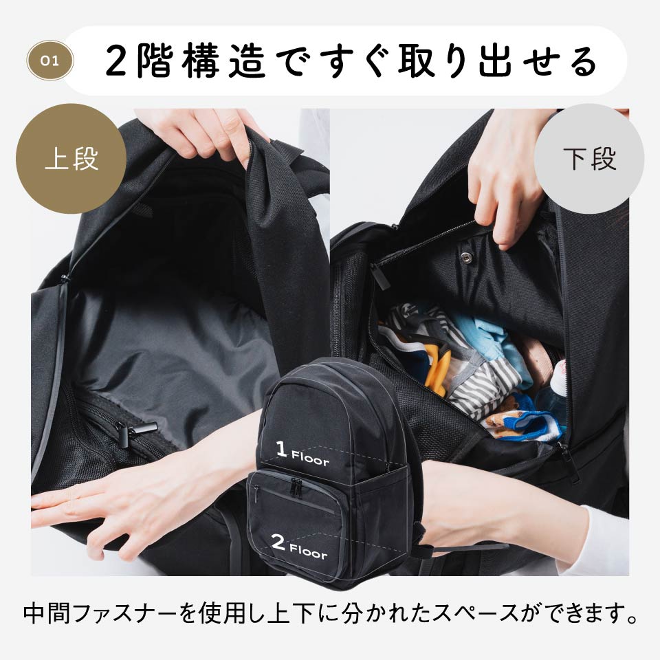R-PET(リサイクルポリエステル) 2階構造 ユニセックスリュック マザーズバッグ
