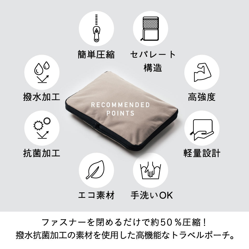 サスティナブル R－PET 撥水抗菌 ファスナー式 トラベル 圧縮ポーチ