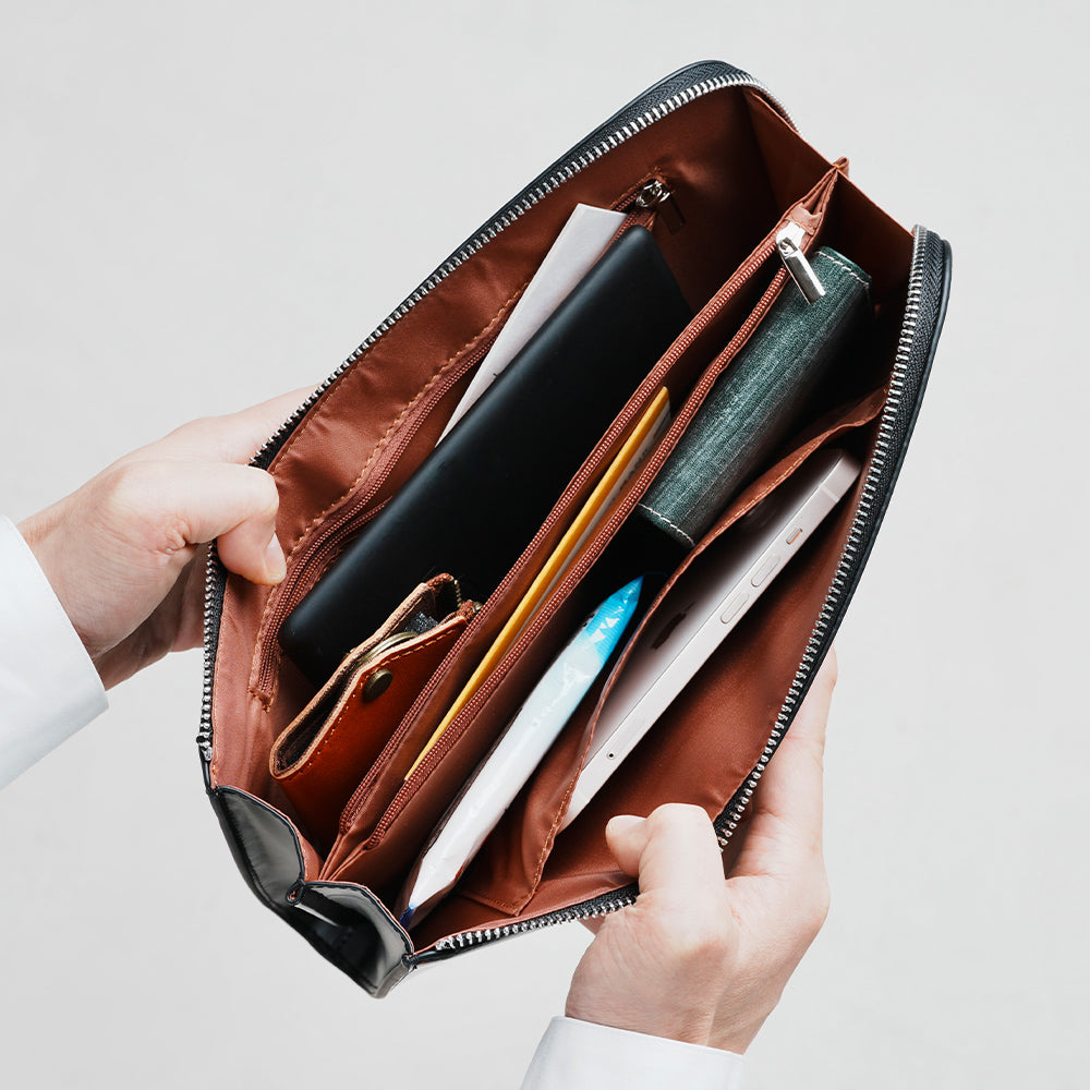 コードバン調/カーボン レザー L字ファスナー コンパクト クラッチバッグ