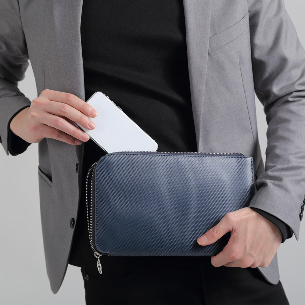 コードバン調/カーボン レザー L字ファスナー コンパクト クラッチバッグ