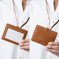 牛本革 ネックストラップ付 伸縮リール  IDカードケース