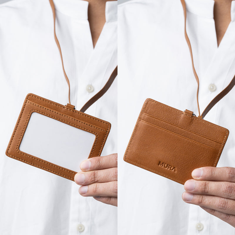 牛本革 ネックストラップ付 伸縮リール  IDカードケース