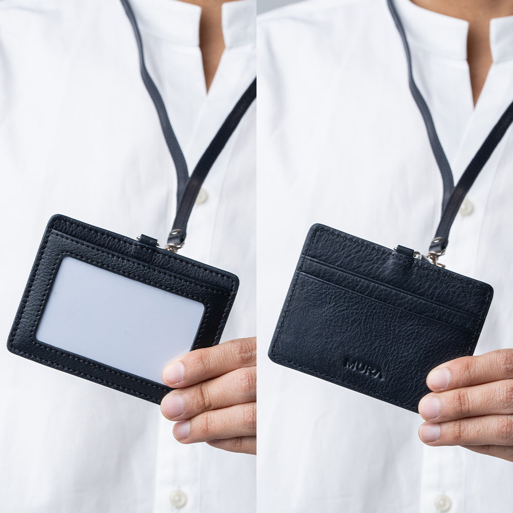 牛本革 ネックストラップ付 伸縮リール  IDカードケース