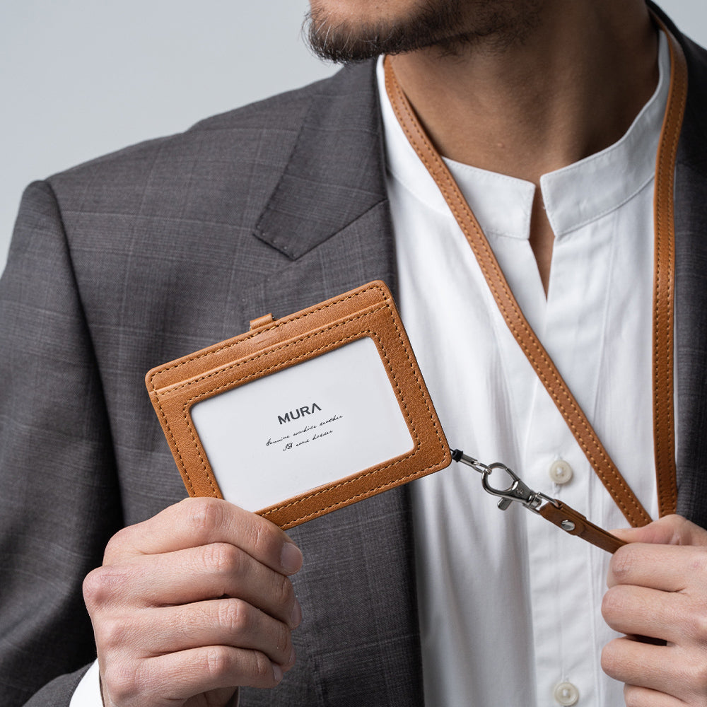 牛本革 ネックストラップ付 伸縮リール  IDカードケース