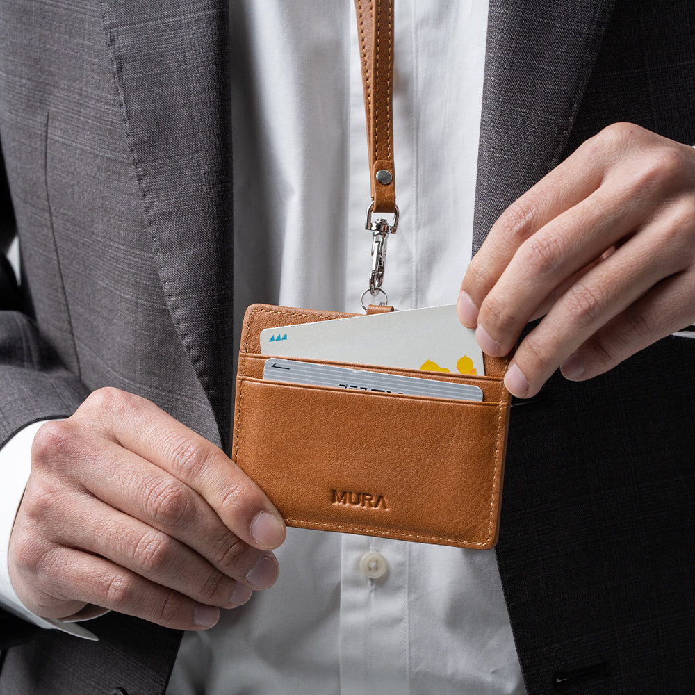 牛本革 ネックストラップ付 伸縮リール  IDカードケース