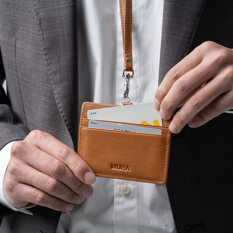 牛本革 ネックストラップ付 伸縮リール  IDカードケース