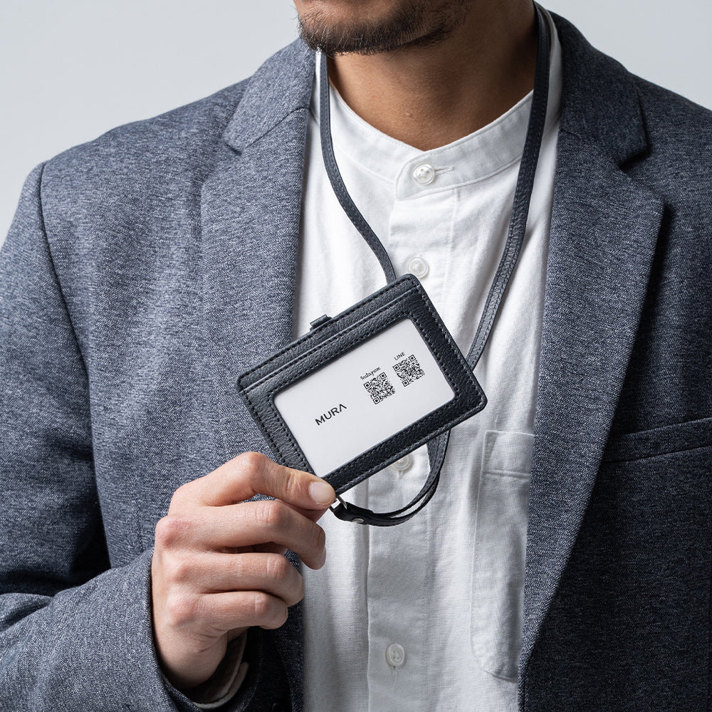 牛本革 ネックストラップ付 伸縮リール  IDカードケース