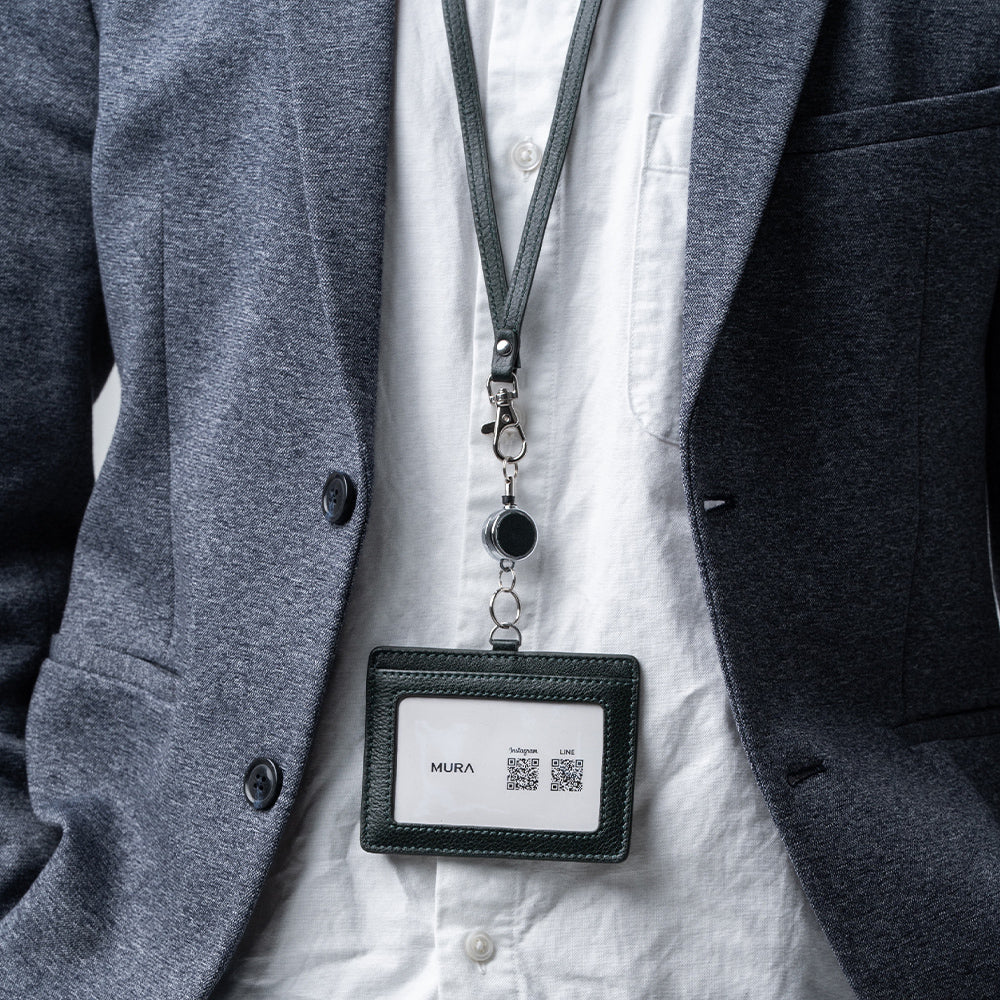 牛本革 ネックストラップ付 伸縮リール  IDカードケース