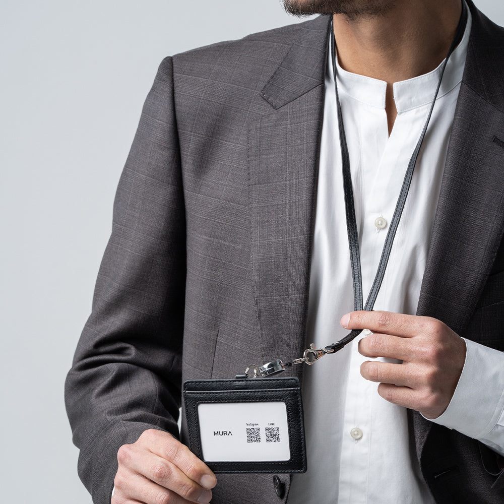 牛本革 ネックストラップ付 伸縮リール  IDカードケース