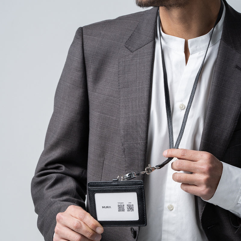 牛本革 ネックストラップ付 伸縮リール  IDカードケース