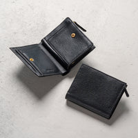 牛革 シュリンクレザー ゴールドファスナー ボタン閉じ 二つ折り財布