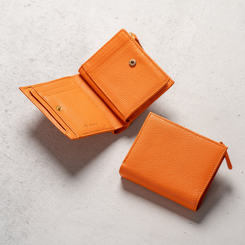 牛革 シュリンクレザー ゴールドファスナー ボタン閉じ 二つ折り財布