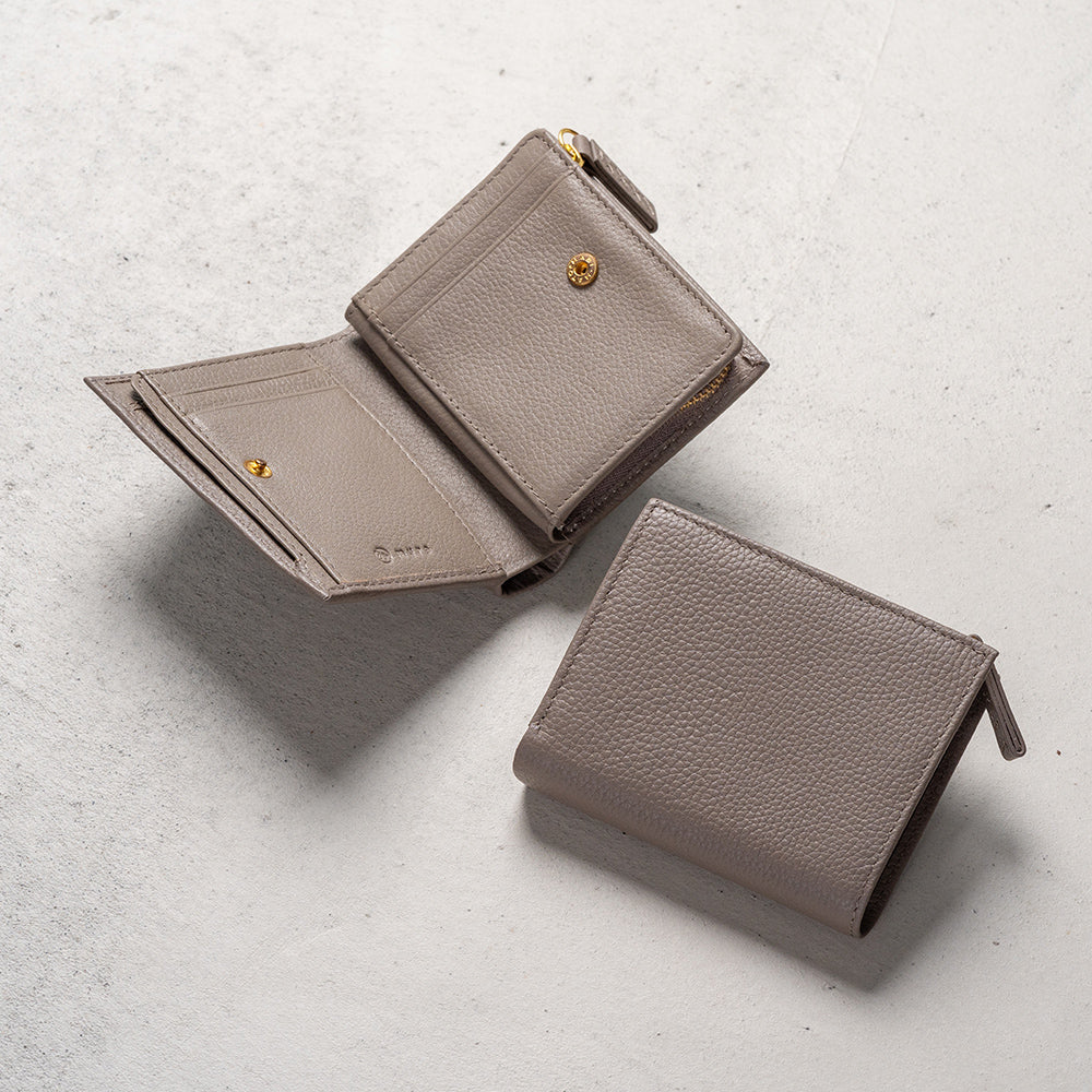 牛革 シュリンクレザー ゴールドファスナー ボタン閉じ 二つ折り財布