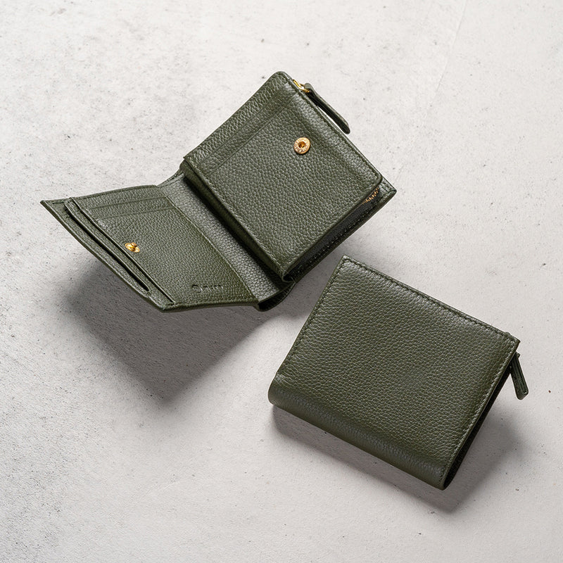 牛革 シュリンクレザー ゴールドファスナー ボタン閉じ 二つ折り財布