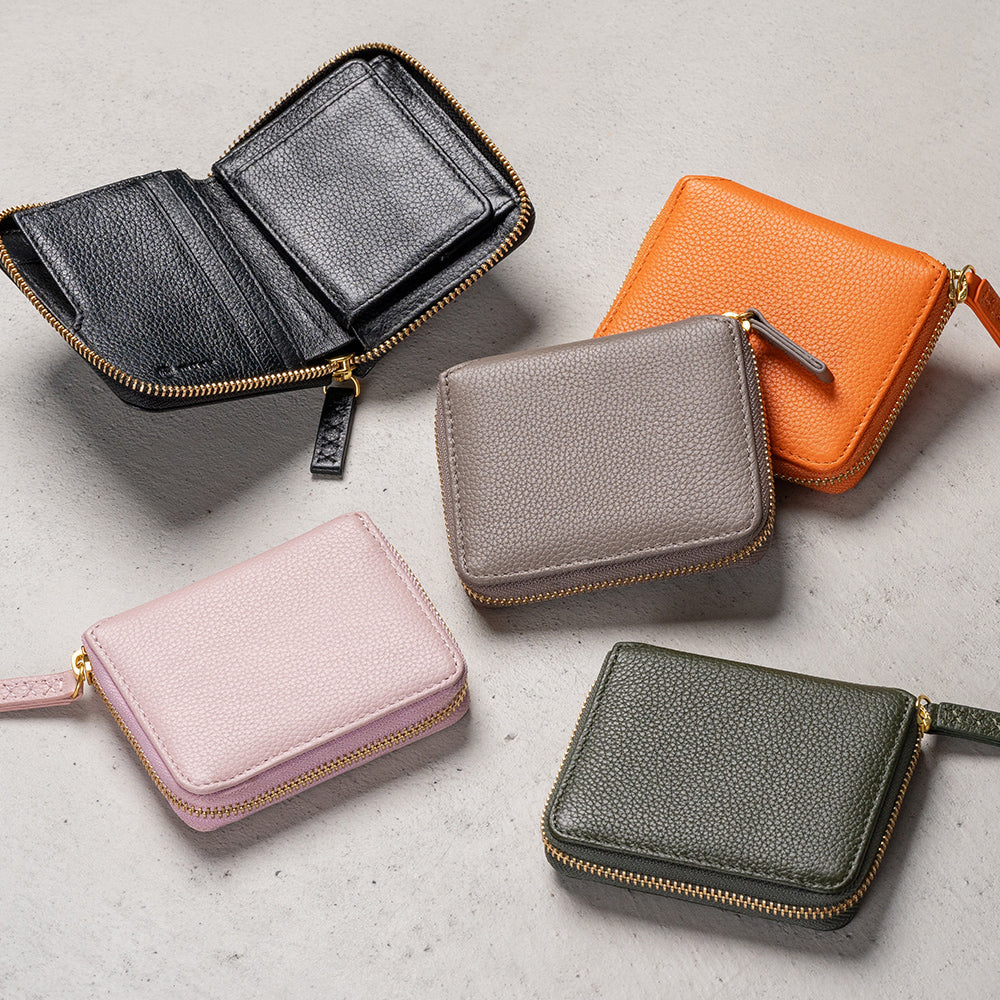 牛革 シュリンクレザー YKKラウンドファスナー ボックス型小銭入れ 二つ折り財布