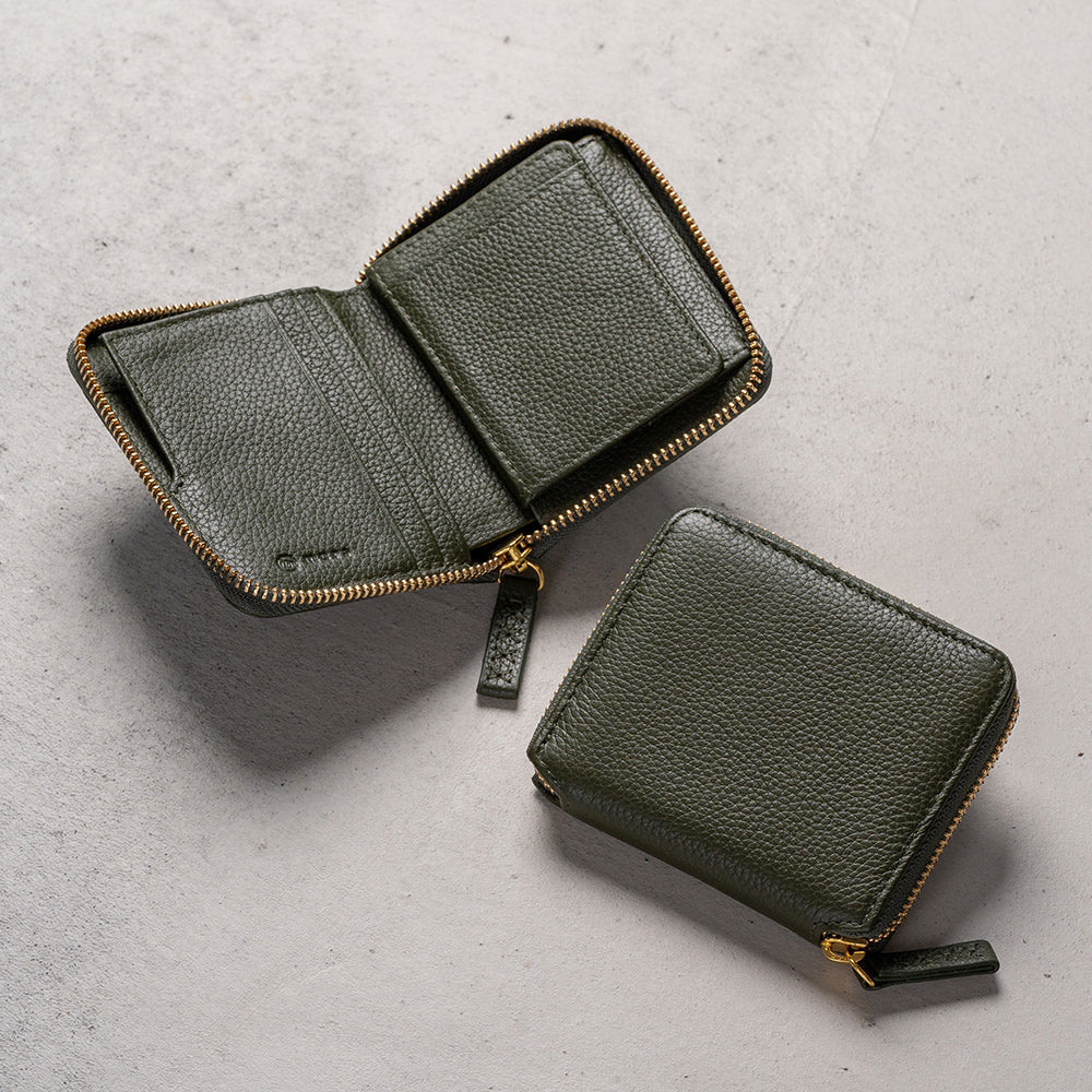 牛革 シュリンクレザー YKKラウンドファスナー ボックス型小銭入れ 二つ折り財布