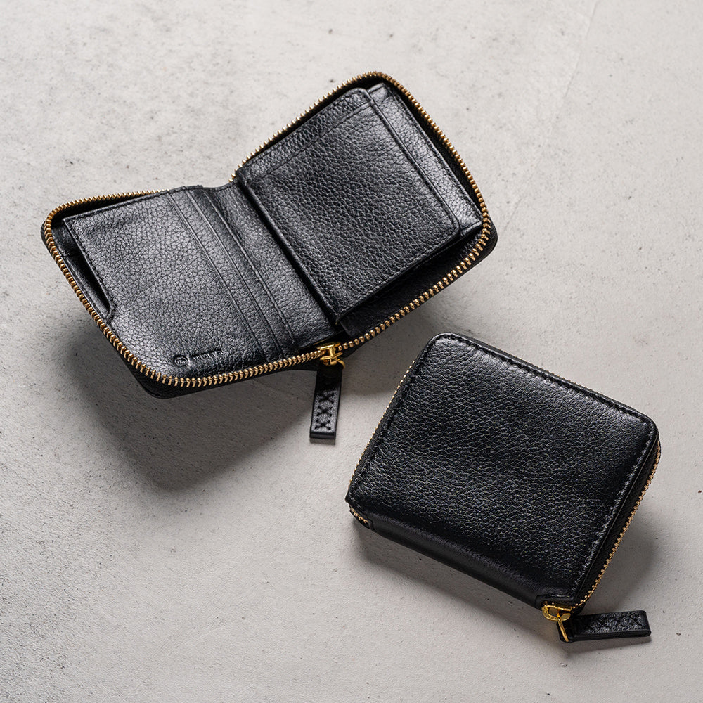 牛革 シュリンクレザー YKKラウンドファスナー ボックス型小銭入れ 二つ折り財布