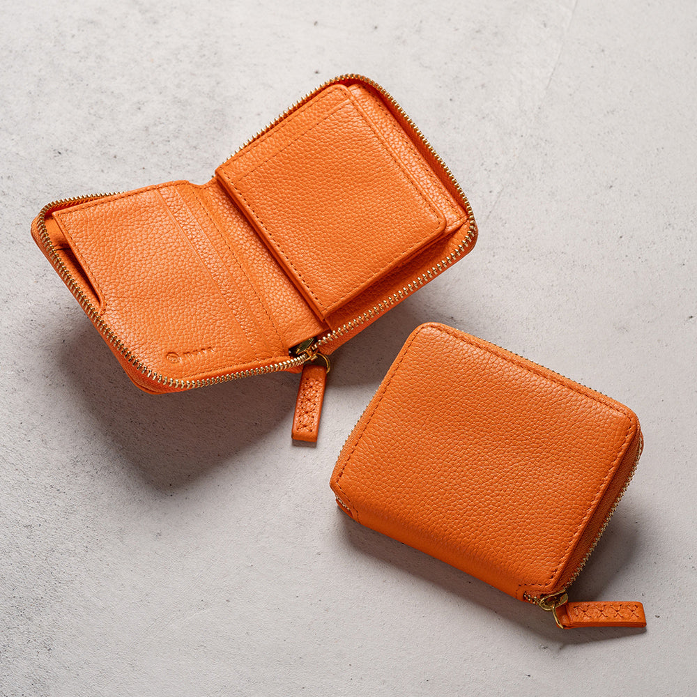 牛革 シュリンクレザー YKKラウンドファスナー ボックス型小銭入れ 二つ折り財布