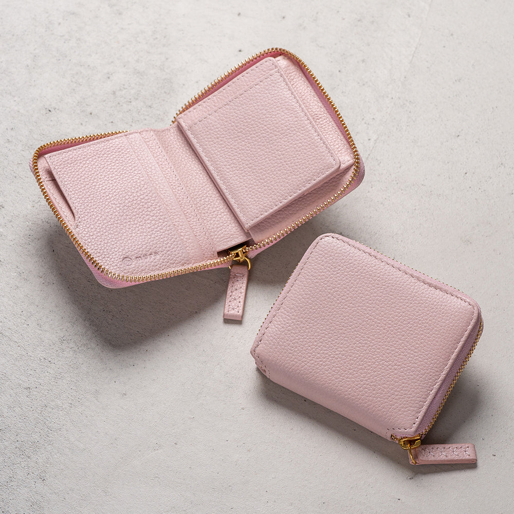 牛革 シュリンクレザー YKKラウンドファスナー ボックス型小銭入れ 二つ折り財布