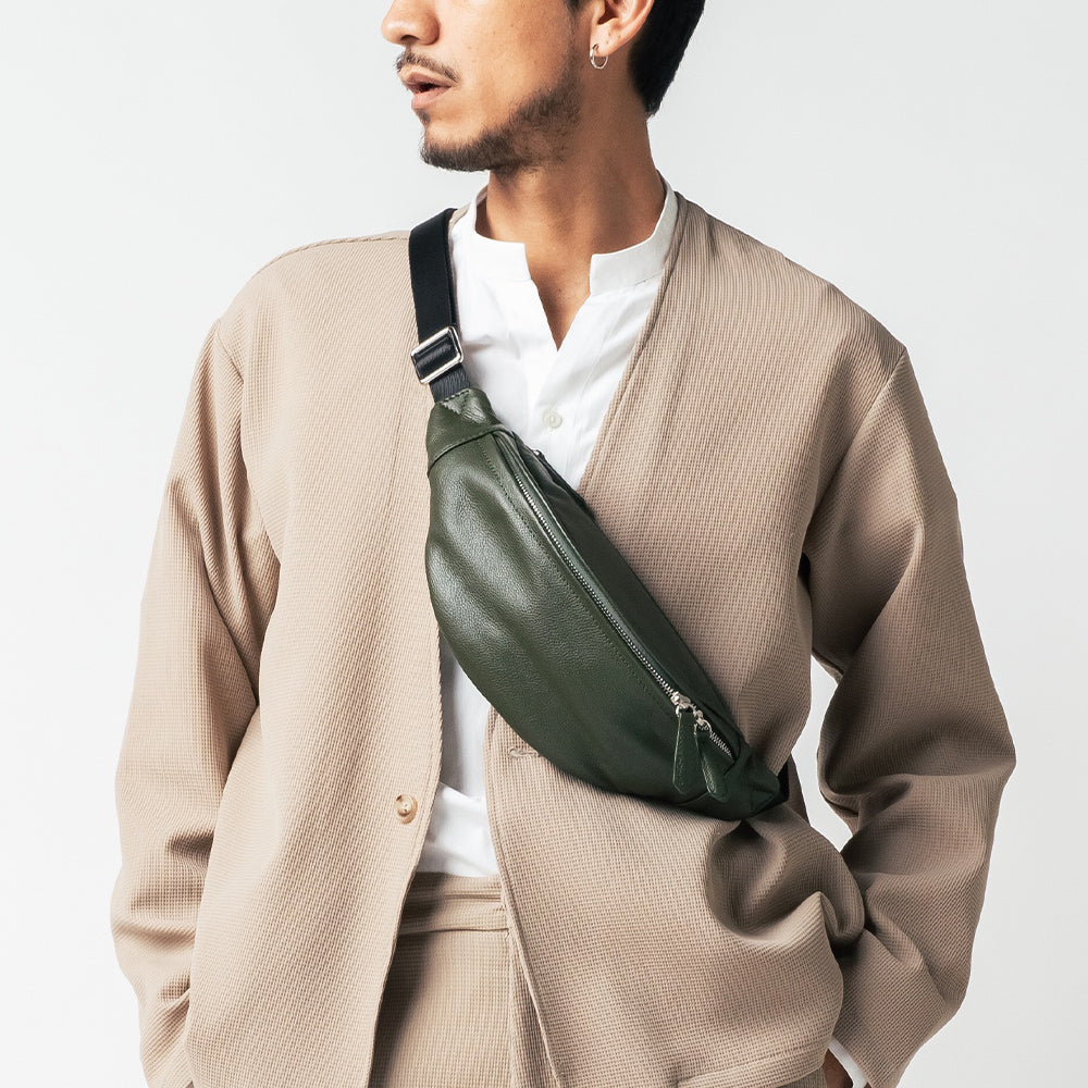 牛革シュリンクレザー YKKファスナー ボディバッグ ウエストポーチ